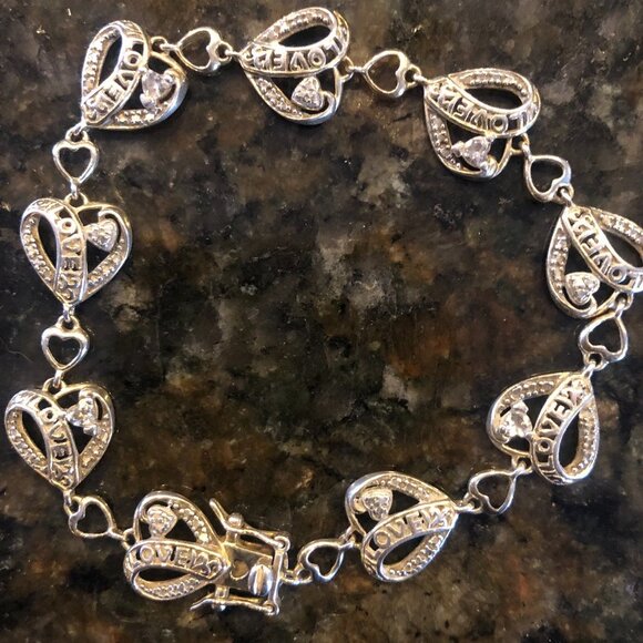 Designer signed DL .925 Sterling Silver Hearts & Love Link Bracelet - Picture 1 of 5